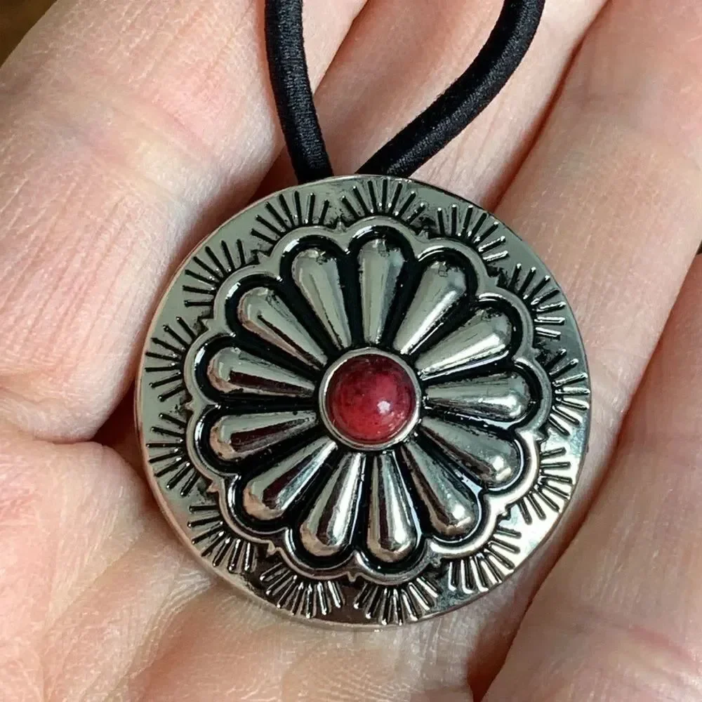 Kids Concho Hair Tie – Small Western Medallion with Red Accent Stone